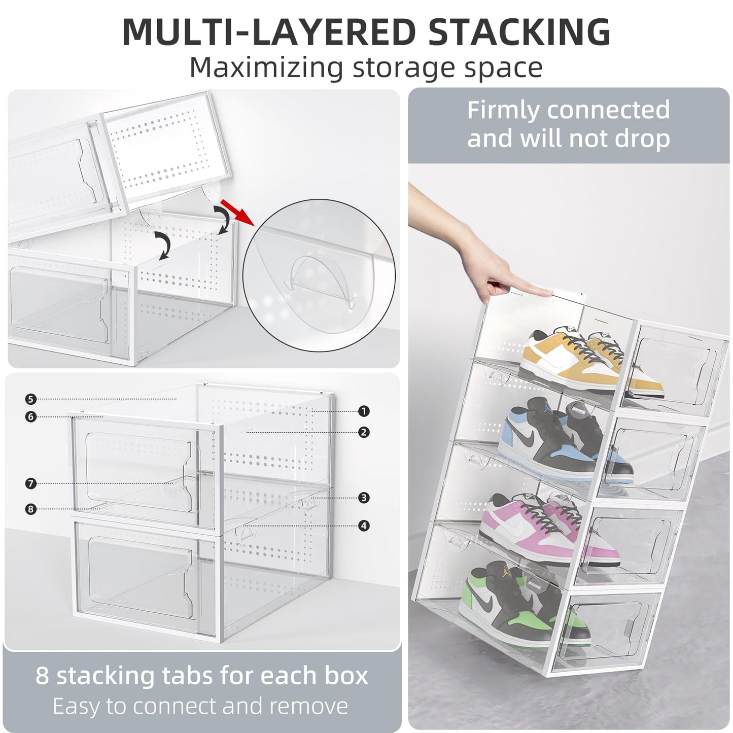 Elechomes Shoe Boxes Clear Plastic Stackable 18 Pack Premium Shoe Organizer Storage for Closet Foldable Shoe Rack Containers Sneaker Display Case Holder Shoe Bin Entryway Drawers Gifts