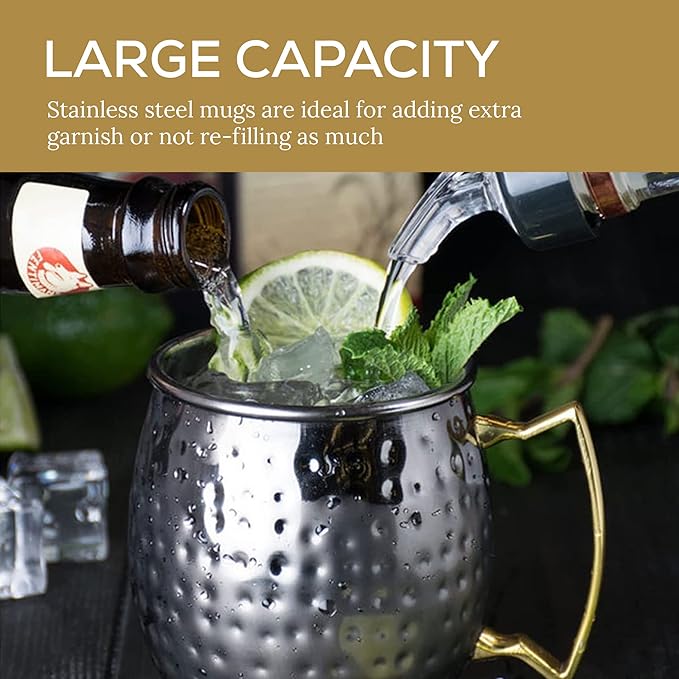 Artisan's Anvil Moscow Mule Mugs with Straws, Comfortable Brass Handle, Stainless Steel Made, Original Hammered Shape, Glossy Black Nickel Plated, Set of 2