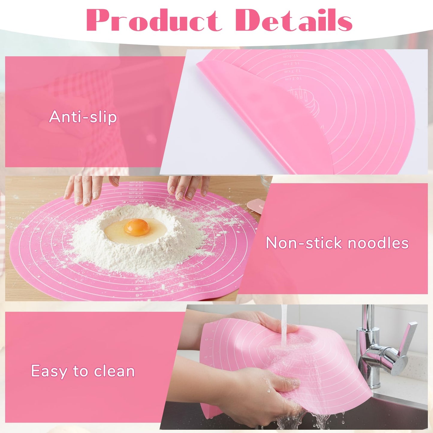 TIESOME 3 Pcs Round Silicone Baking Mat, 12 Inch (30cm) Silicone Rolling Mat With Measurements, Reusable Non-Stick Heat Resistant Baking Sheet for Dough, Fondant, Cookie & Pizza (Blue Pink Green)
