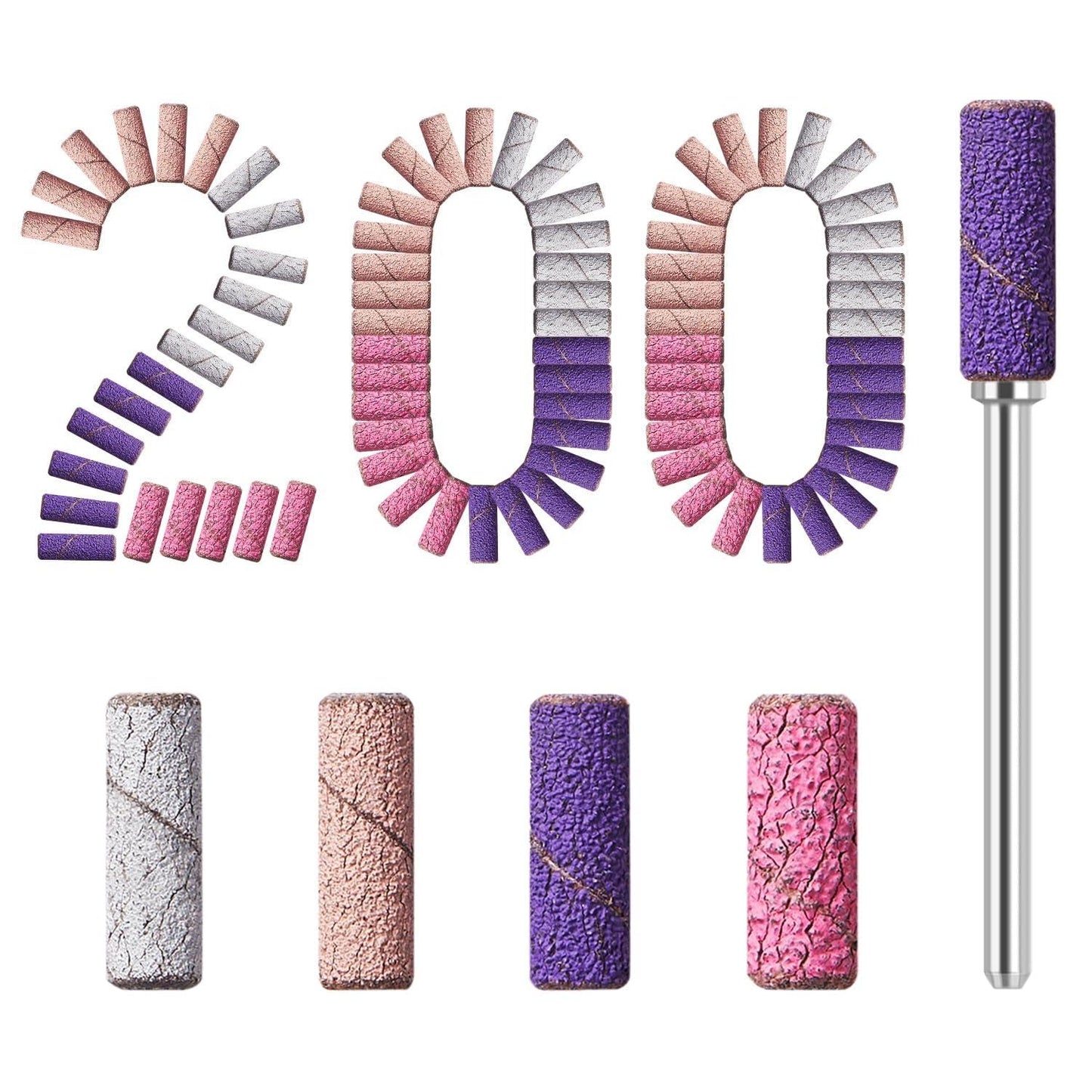 Modelones Sanding Bands for Nail Drill, 200 Pcs Mini Small Nail Sanding Bands, Mix 80 120 180 240 Fine Grit File Sanding Bands with 3.1mm Mandrel Bit for Acrylic Nails Gel Manicures, White Purple Pink