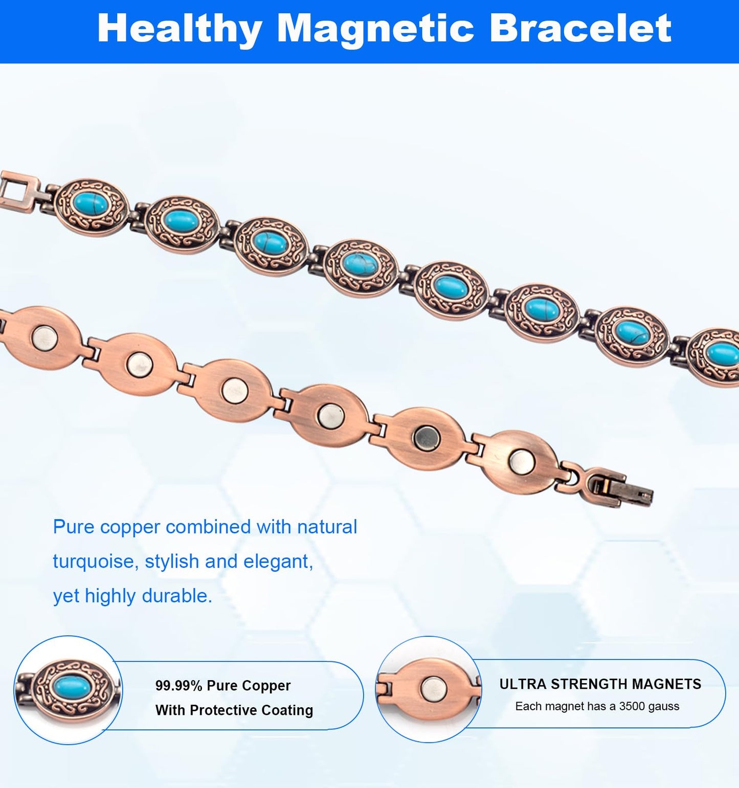 EnerMagiX Copper Bracelets for Women for Arthritis, Pure Copper Set with Turquoise Adjustable Magnetic Bracelet, Mother's Day Presents(0174 2Pcs)