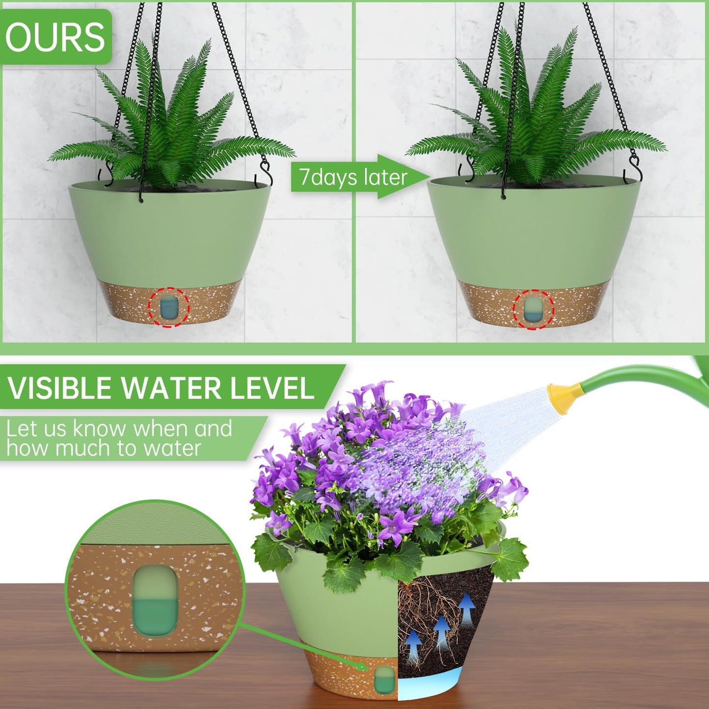 ZMTECH 2 Pack 10 Inch Hanging Planters for Indoor Plants, Modern Hanging Planter with Visible Water Level Window & Removable Tray, Green Plant Hanger Indoor for Home & Patio