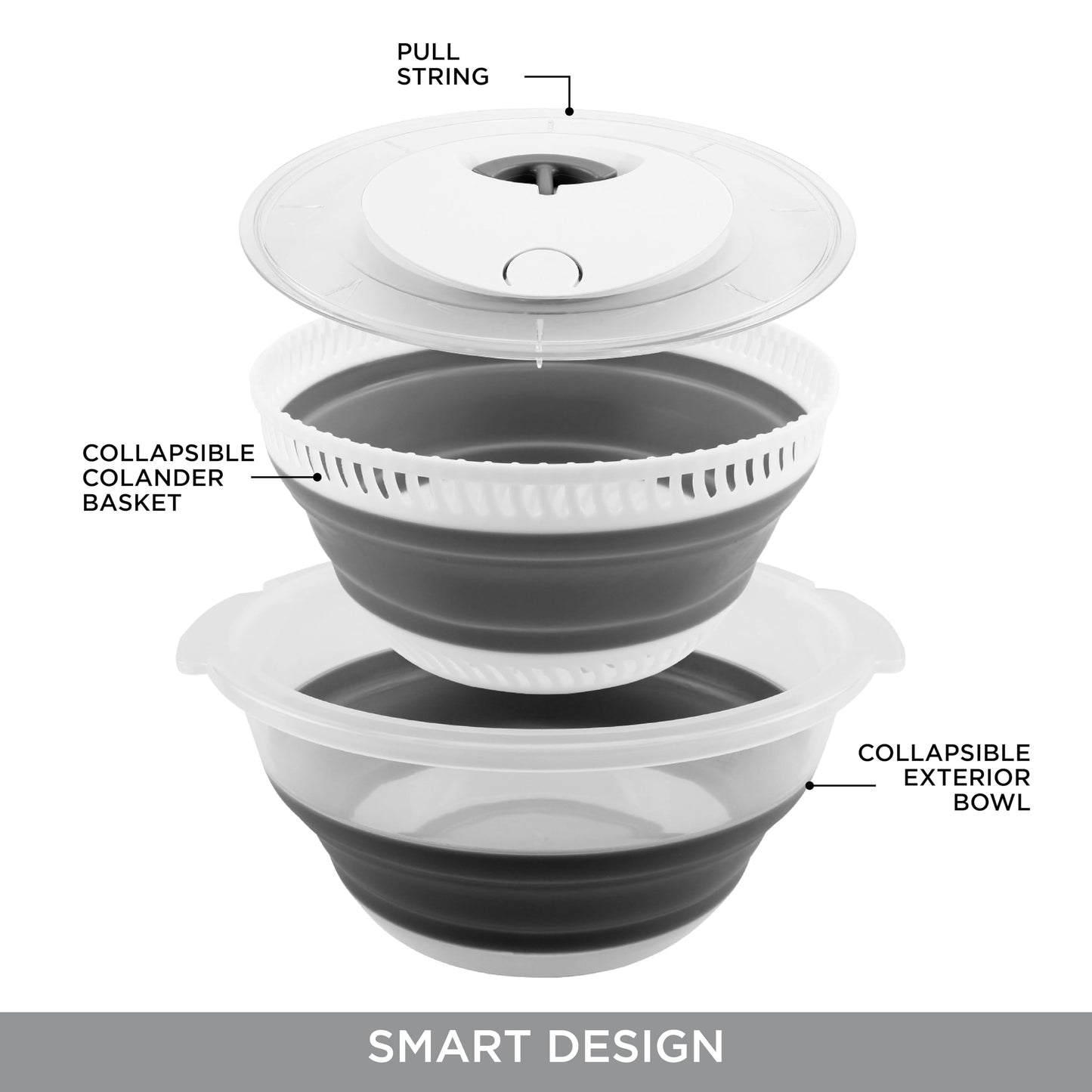 COOK WITH COLOR Collapsible Salad Spinner - 4 QT Space Saving Lettuce Dryer with Folding Collapsible Colander Great for Washing and Drying Fruit and Vegetables (Grey)