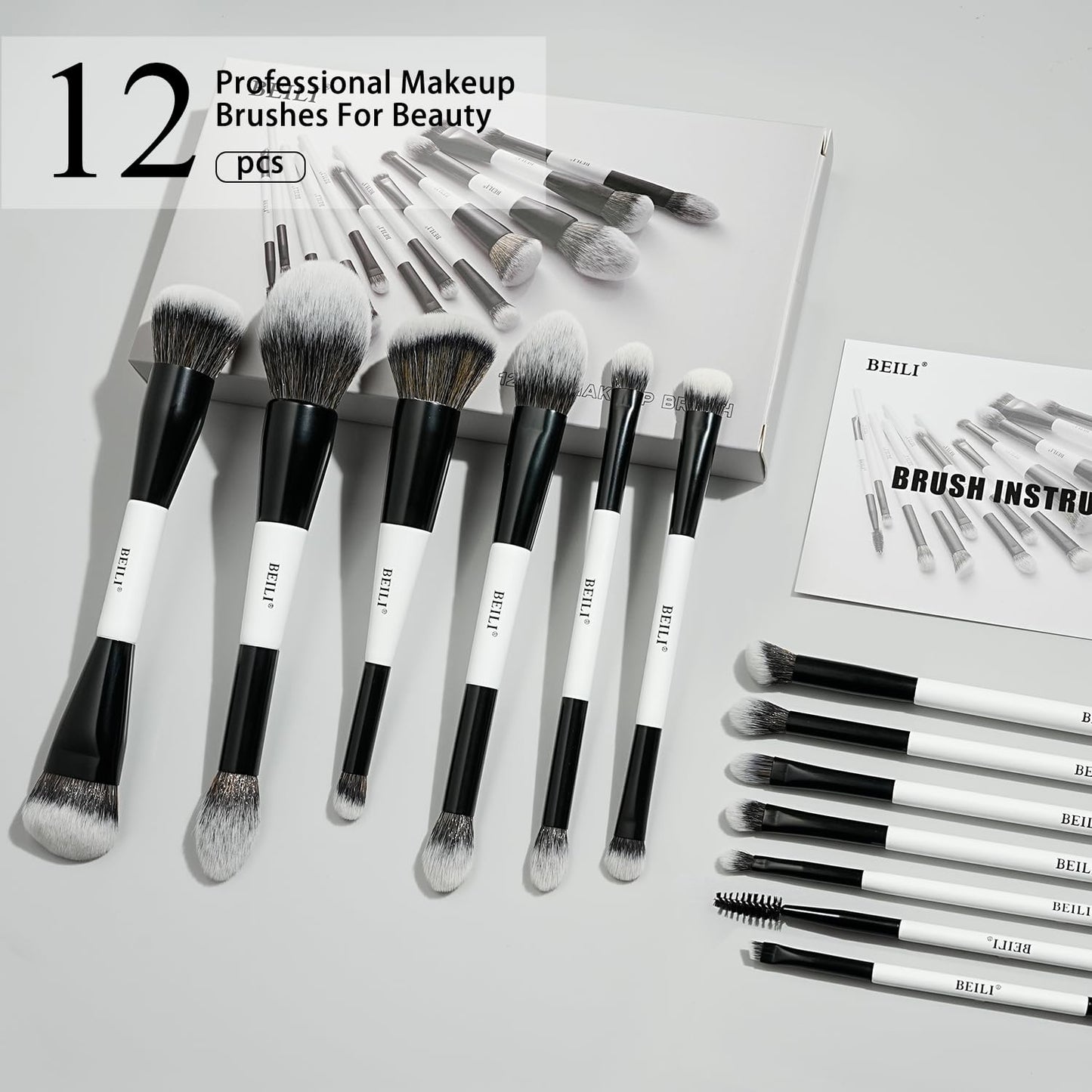 BEILI 12 Pcs Double-Sided Makeup Brush Set, 18-in-12 Multi-Use Brushes for Contour, Foundation, Highlight, Blush, Eyeshadow, Eyeliner & Concealer, Black & White Travel Kit for Polished Daily Makeup
