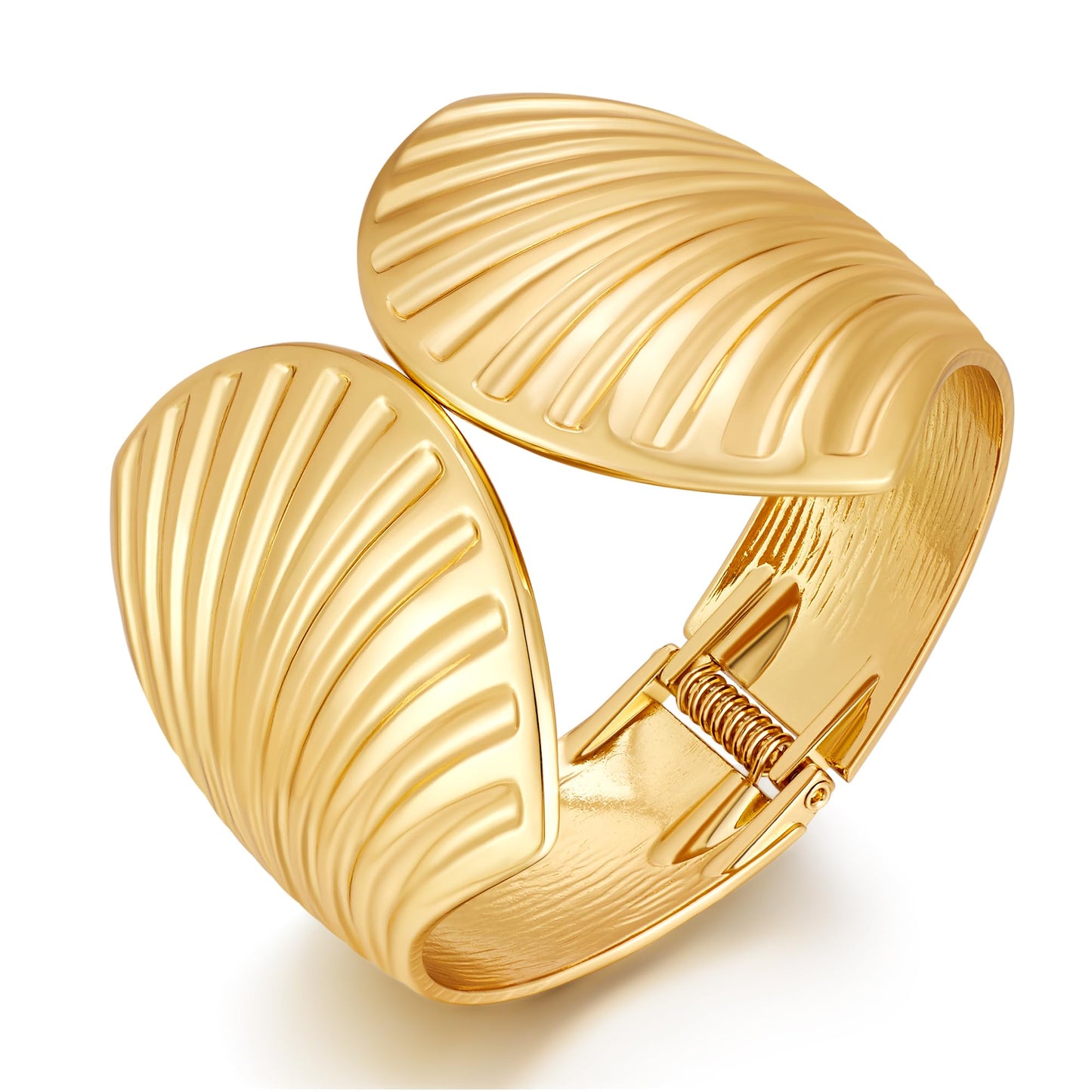 Gold Plated Wide Shell Cuff Bracelet for Women Exaggerated Statement Gold-tone Ginkgo Leaf Bangle Bracelet with Spring Clasp
