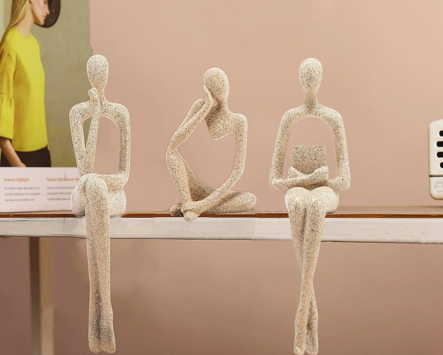 Gold Home Decor Thinker Statue Accents, Set of 3 Thinker Sculptures Office Decor Modern Abstract Resin Decoration on Shelf Table Desk for Living Room Office Bedroom Bookshelf Decor (Large Sandstone)