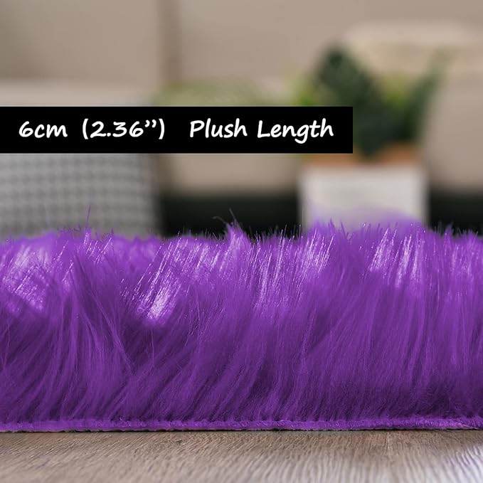 Goolela Purple Fluffy Faux Sheepskin Fur Rug Purple Fuzzy Furry Bedside Rug 2x3 for Bedroom Dorm Small Room Decor Carpet Washable Rectangle