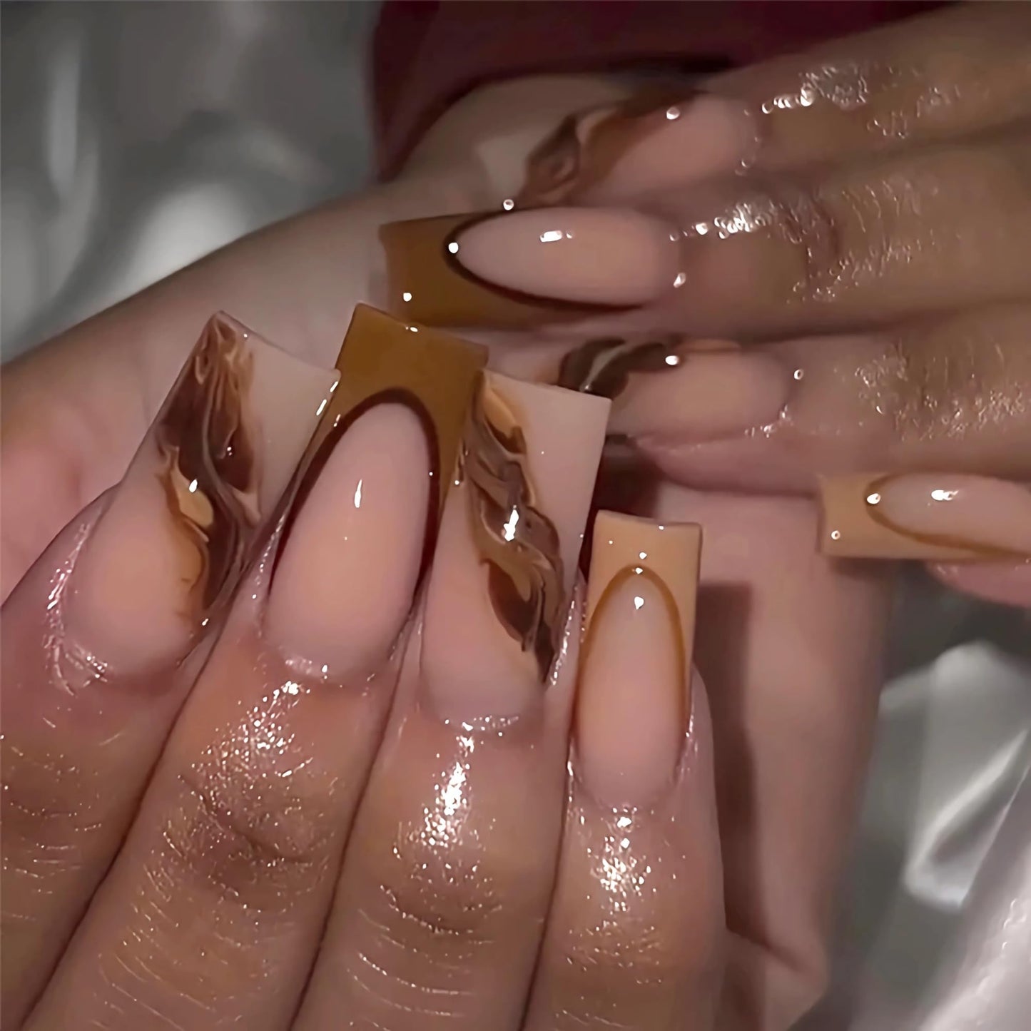 BABALAL Brown Press on Nails - Long Square Fake Nails, Ombre French Tip Fall Acrylic, 24Pcs Squoval Glossy Full Cover False Nails