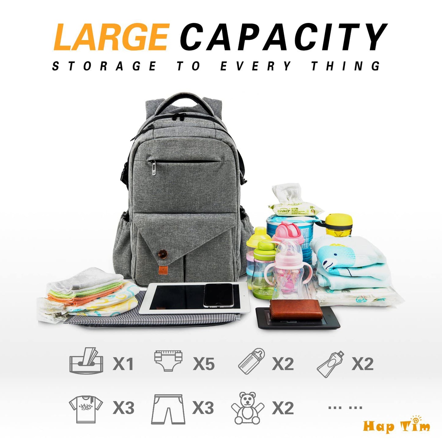 Hap Tim Multi-Function Large Baby Diaper Bag Backpack with Stroller Straps, Insulated Pockets, Changing Pad, Stylish & Anti-Water Material(Gray-5284)