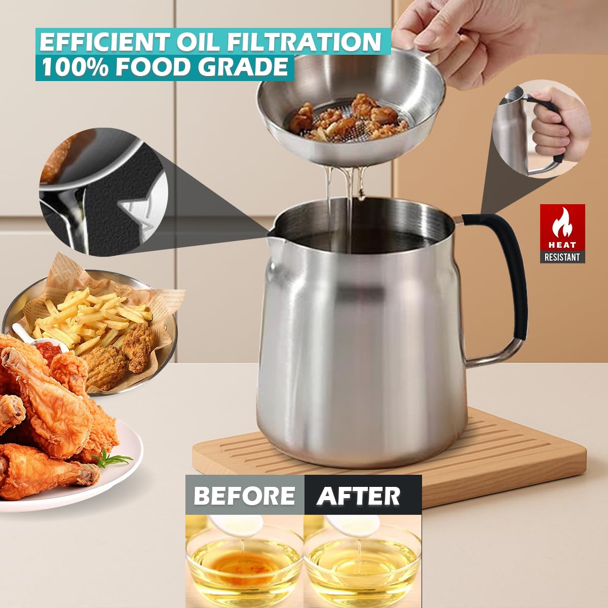68oz 3-in-1 304 Stainless Steel Oil Filter Pot with Fine Mesh Oil Strainer & Tong, Heat-Resistant Handle, 2LCapacity Bacon Grease Container for Kitchen & Camping,Multi-Functional Frying Oil Container.