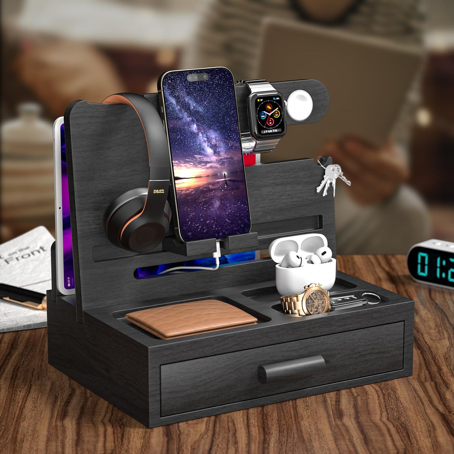 melafa365 Nightstand Organizer for Men,Phone Docking Station with Cable Management,Night Stand with Drawer,Bedside Organizer for Watches,Keys,Wallets,Gifts for Men（Black）