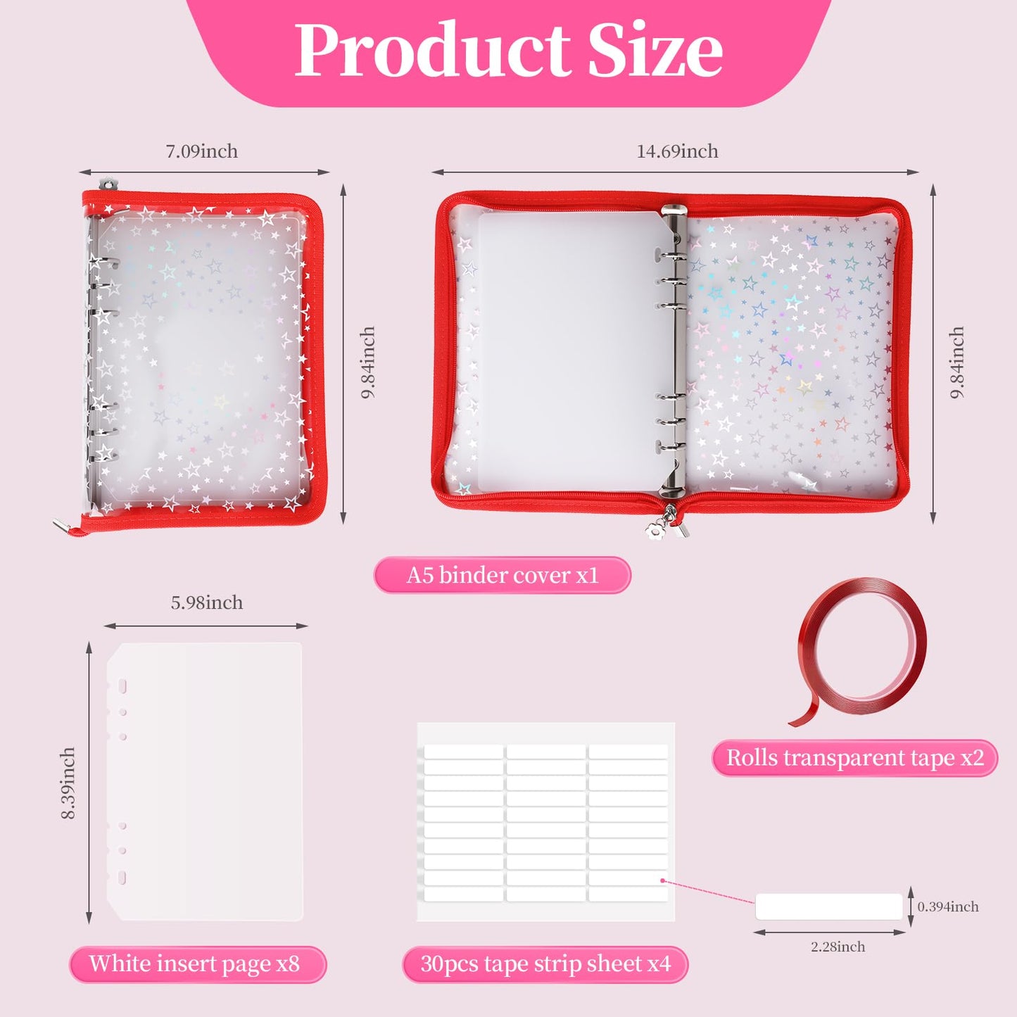 ASTONFOG Press on Nail Organizer Binder Book, 8 A5-Sized Insert Pages & Double Sized Tape, Press on Nails Display Storage Book, Reusable Fake Nail Swatch Collecting Book (Red Star)