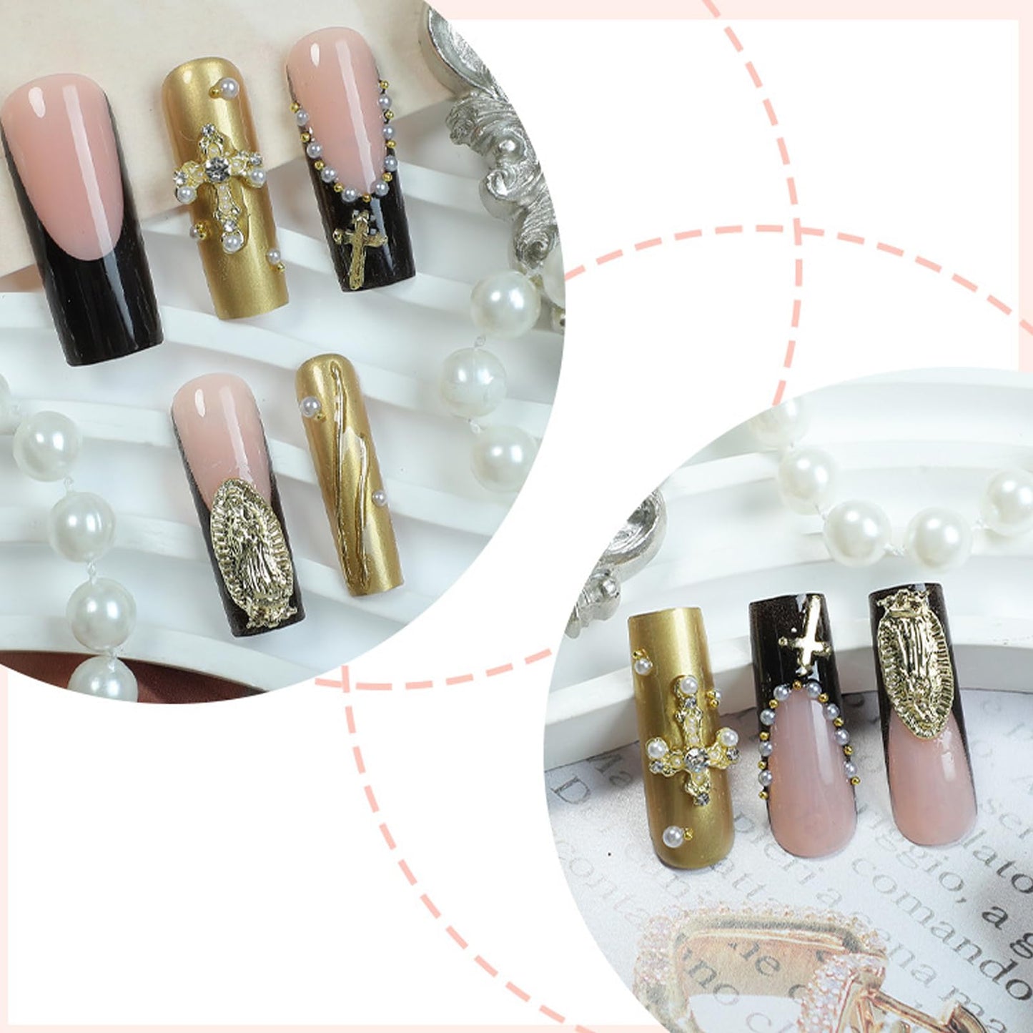 IMRAIN Press on Nails Long Square Fake Nails Black French Tips False Nails with Gold Chrome, Golden Charms Designs Full Cover Luxury Glossy Acrylic Glue on Nails