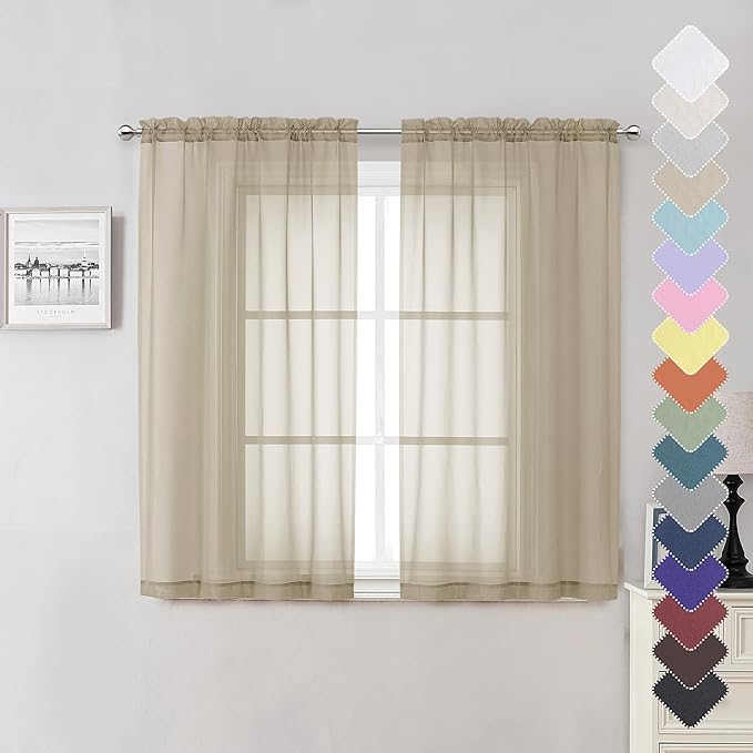 Lecloud Taupe Sheer Curtains 54 Inch Length 2 Panels Set, Balance Light & Privacy Solid Voile Curtains for Living Room Bedroom, Dual Rod Pockets Cafe Kitchen Window Drapes, 40x54 Inches