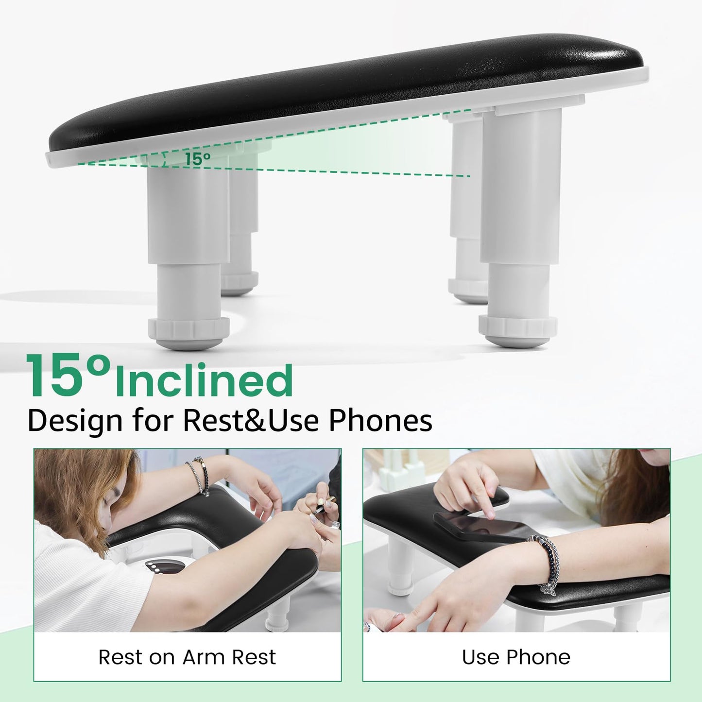Big Arm Rest for Nails Tech: 2nd Generation U-Shaped Manicure Nail Rest Stand Height Adjustable Armrest Microfiber PU Leather Hand Rest Pillow for Acrylic Nails (Black)