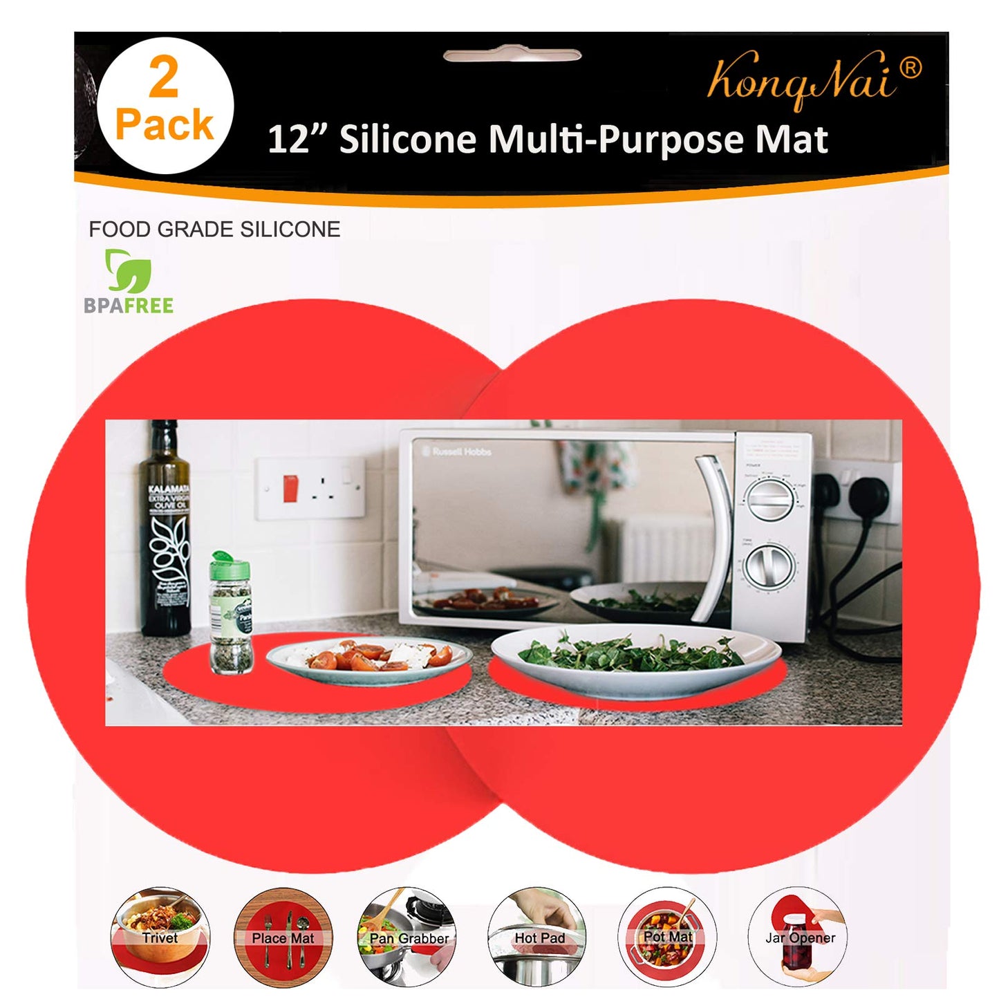 Silicone Microwave Mat 12 Inch, Non Stick Turntable Safe Baking Mat for Kitchen, Multi-Purpose Heat Resistant Oven Mat 2 Pack, BPA Free Microwave Splatter Cover (Red)