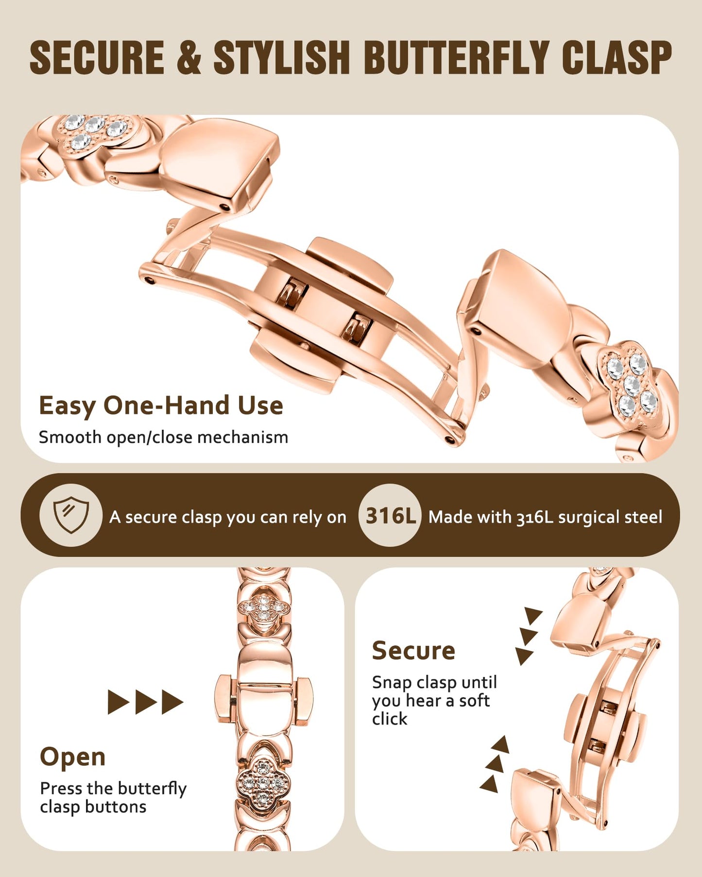 Jecanori 5X Strength Magnetic Copper Bracelet for Women —Updated 5,000 Gauss Ellipse Magnets — Premium Butterfly Clasp & Adjustable Length,Gold Rose Four-Leaf Clover