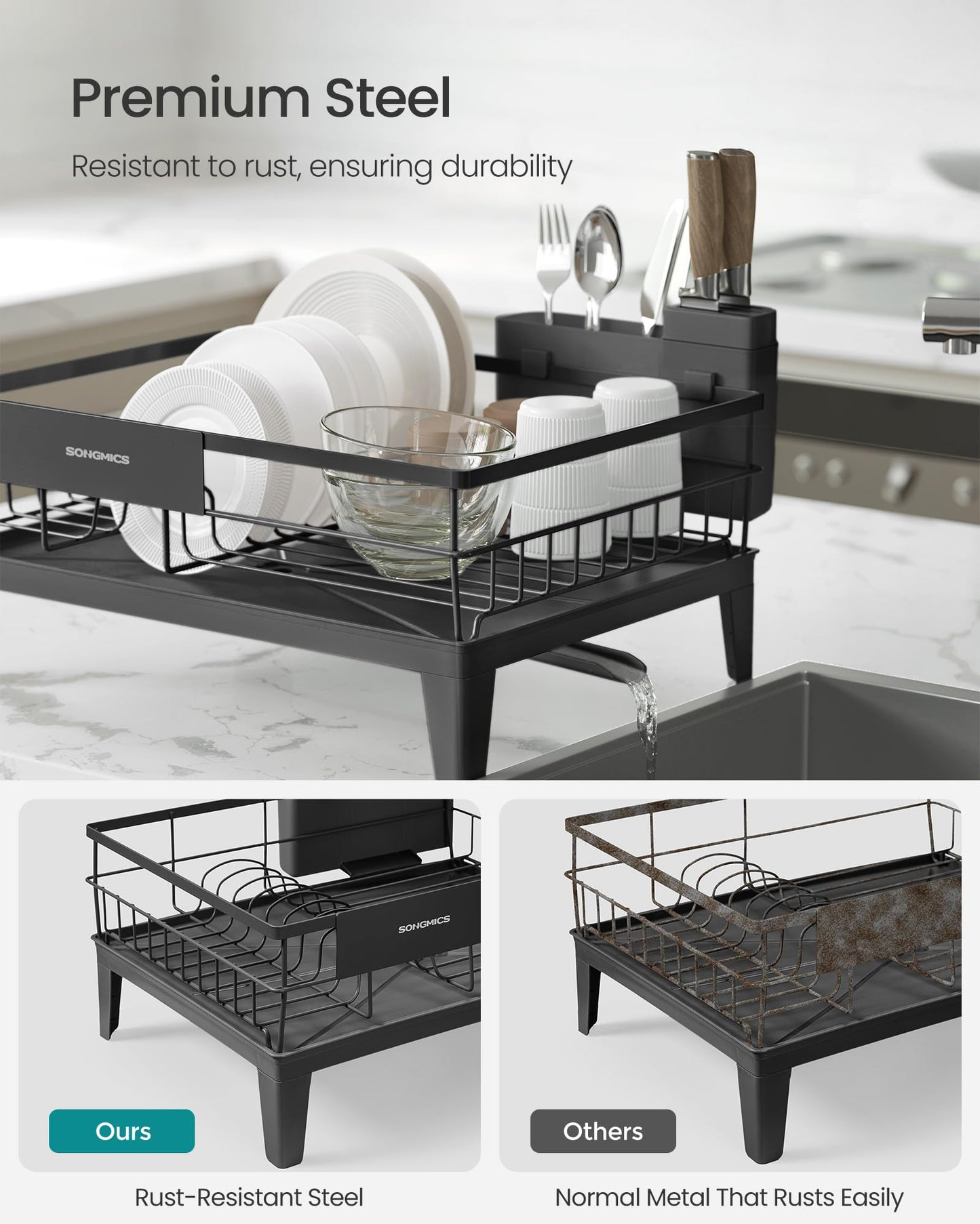 SONGMICS Dish Drying Rack, Kitchen Dish Rack with Drainboard, 360° Rotatable and Extendable Spout, with Cutlery Holder, 12.2 x 16.5 x 7.3 Inches, Ink Black UKCS550B01