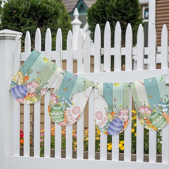 Cute Easter Bunny Banner 4Pcs Indoor Outdoor Hanging Banner Flag Eucalyptus Leaves Colorful Eggs Wooden Sign for Fireplace Mantel Decorative Bunting Garland Valance for Shop Door Decor 9.8"x15.8"