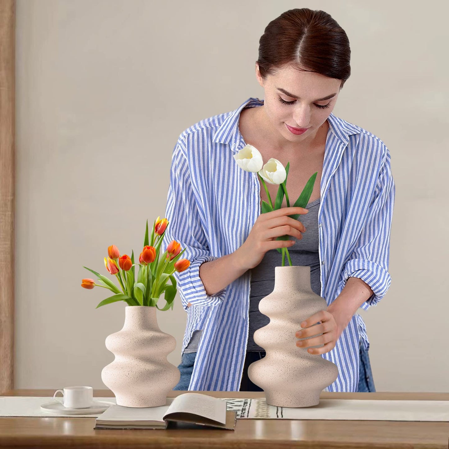 Ceramic Vases Set of 2-White Vase for Modern Home Decor, Flower Vases for Aesthetic Room Decor,Boho Decor Wedding Dinner Table Party Office Centerpiece Table Decorations (A White)