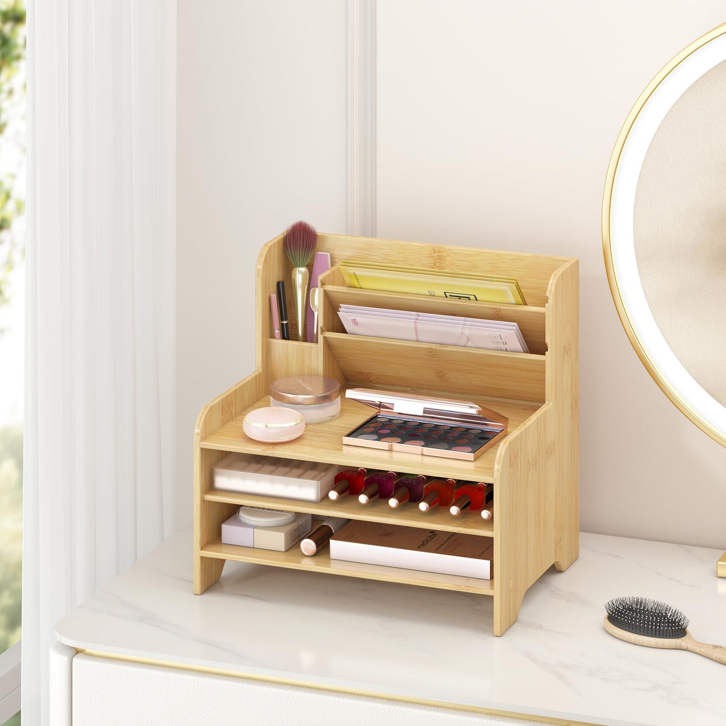 Wisuce Essentials Bamboo Desk Organizer Mail Holder Countertop Letter Tray File Organizer for Desk Letter Sorter Paper File Storage for School Home Office Supplies