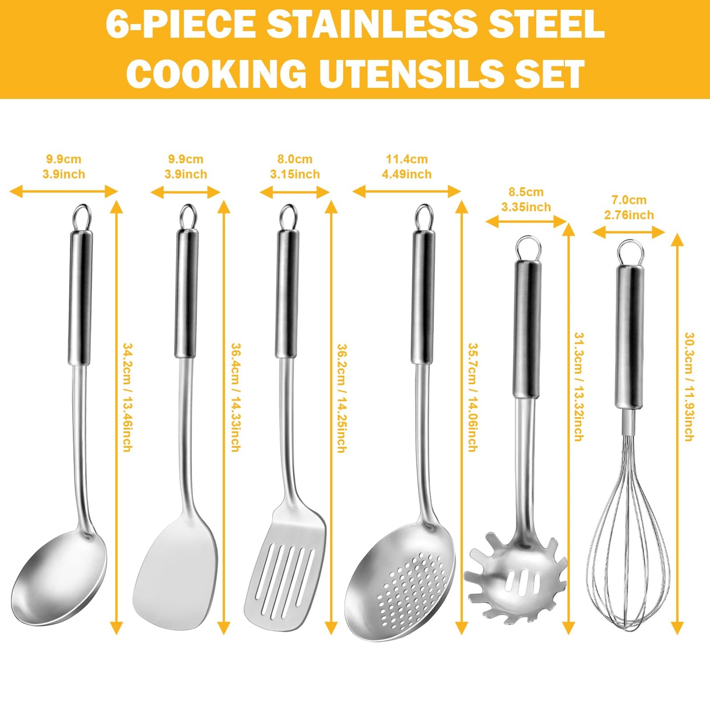 Gymdin 6-Piece Kitchen Cooking Utensils Set, Stainless Steel Kitchen Utensils with Suspendable Handle, Spatula, Slotted Turner, Soup Ladle, Slotted Spoon, Whisk, Pasta Server, Dishwasher Safe