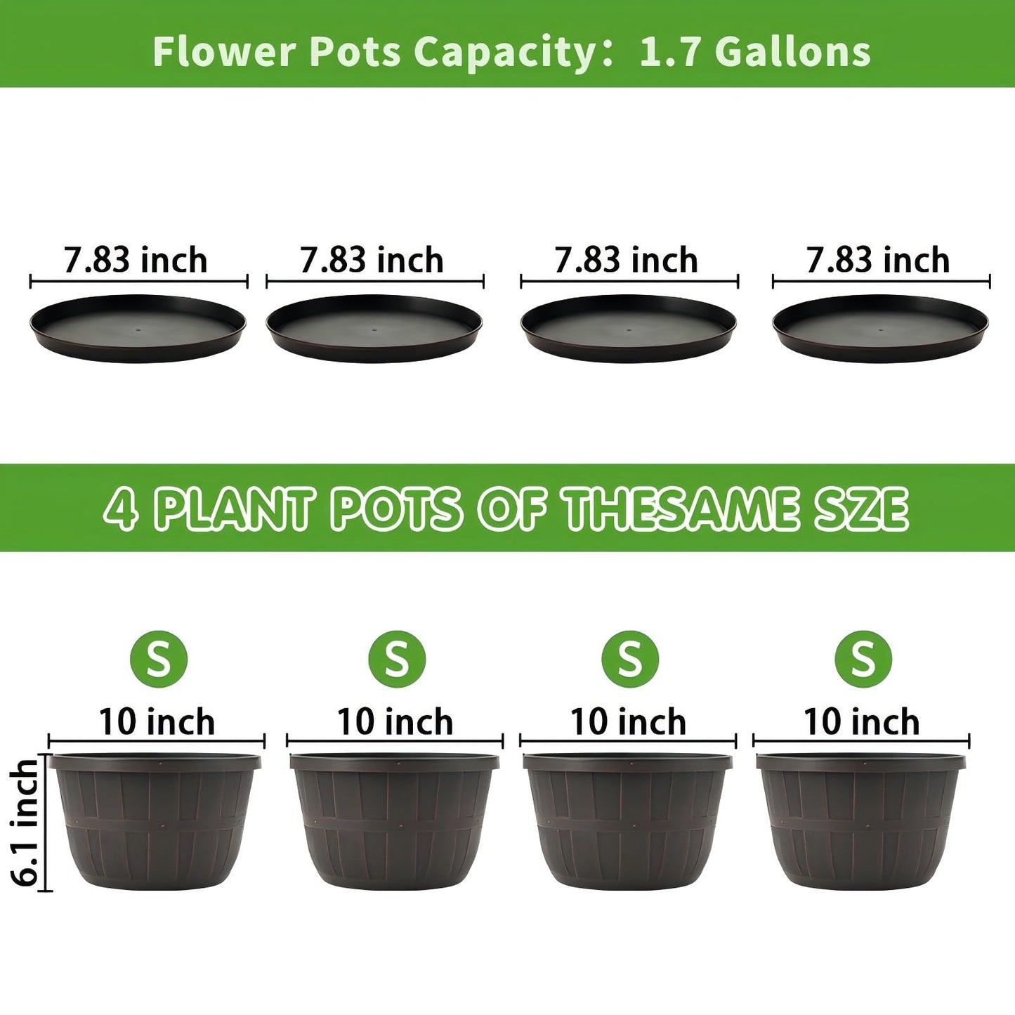 Quarut 4 Pack 10 inch Pots for Plants and 4 Pack 12 inch Flower Pots with Drainage Holes and Saucer for Outdoor Indoor Plants.