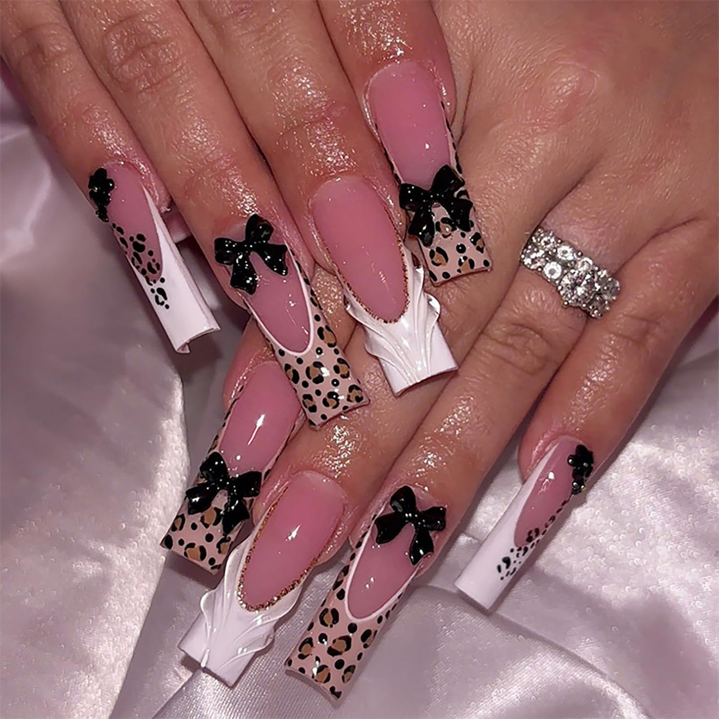 Vopintpy Leopard Print French Tip Press on Nails Long Square Fake Nails with Design 3D Black Bow Acrylic Glue on Nail Reusable Full Cover Artificial Stick on Nail for Women DIY Manicure