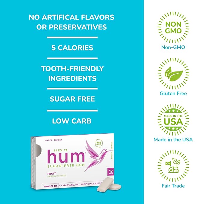 Stevita Hum, Fruit - Sugar-Free Gum - 12 Pieces, Pack of 12 - Supports Oral Health - Non-GMO, Vegetarian, Keto, Gluten Free - 72 Total Servings