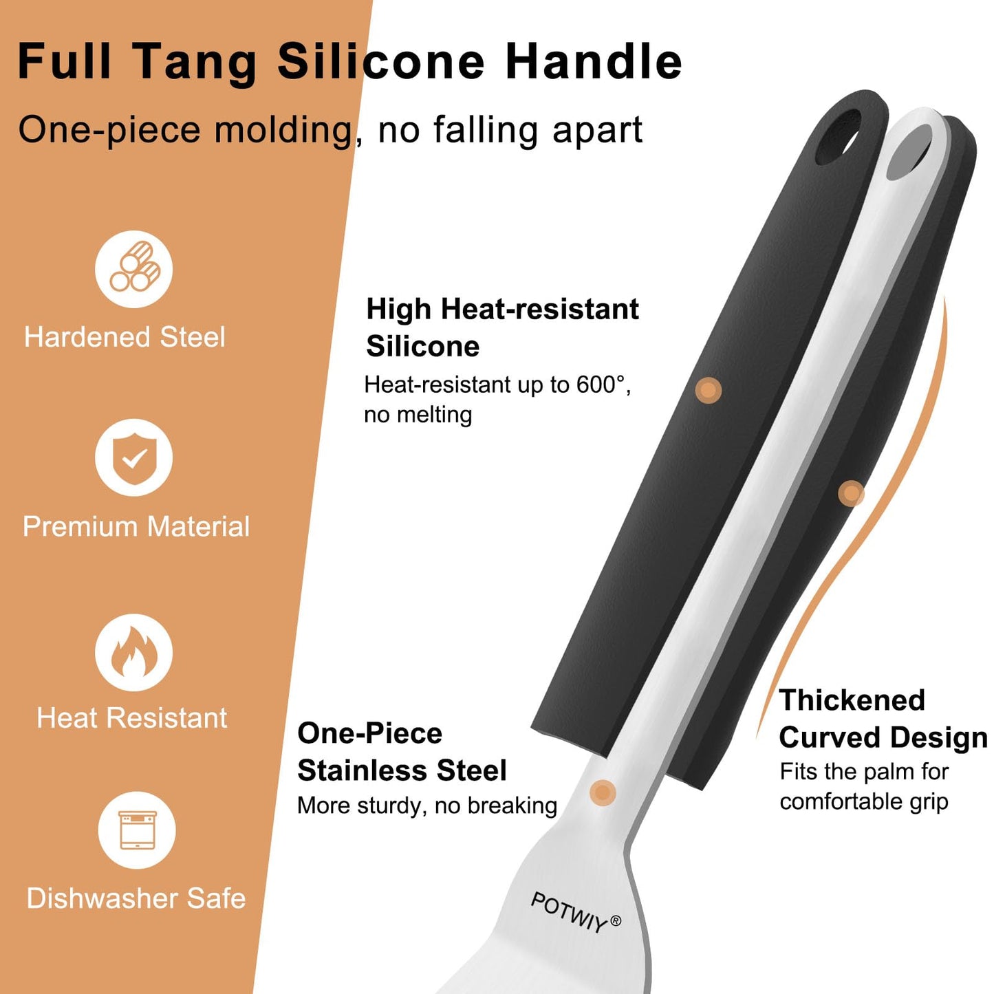 POTWIY Stainless Steel Spatula Set, 13.3" Large & 11.3" Small Slotted Fish Turner with Silicone Handle, Metal Spatulas for Kitchen, Grilling, Cooking Utensils Flipper for Fish, Egg, Pancake (2 Pack)