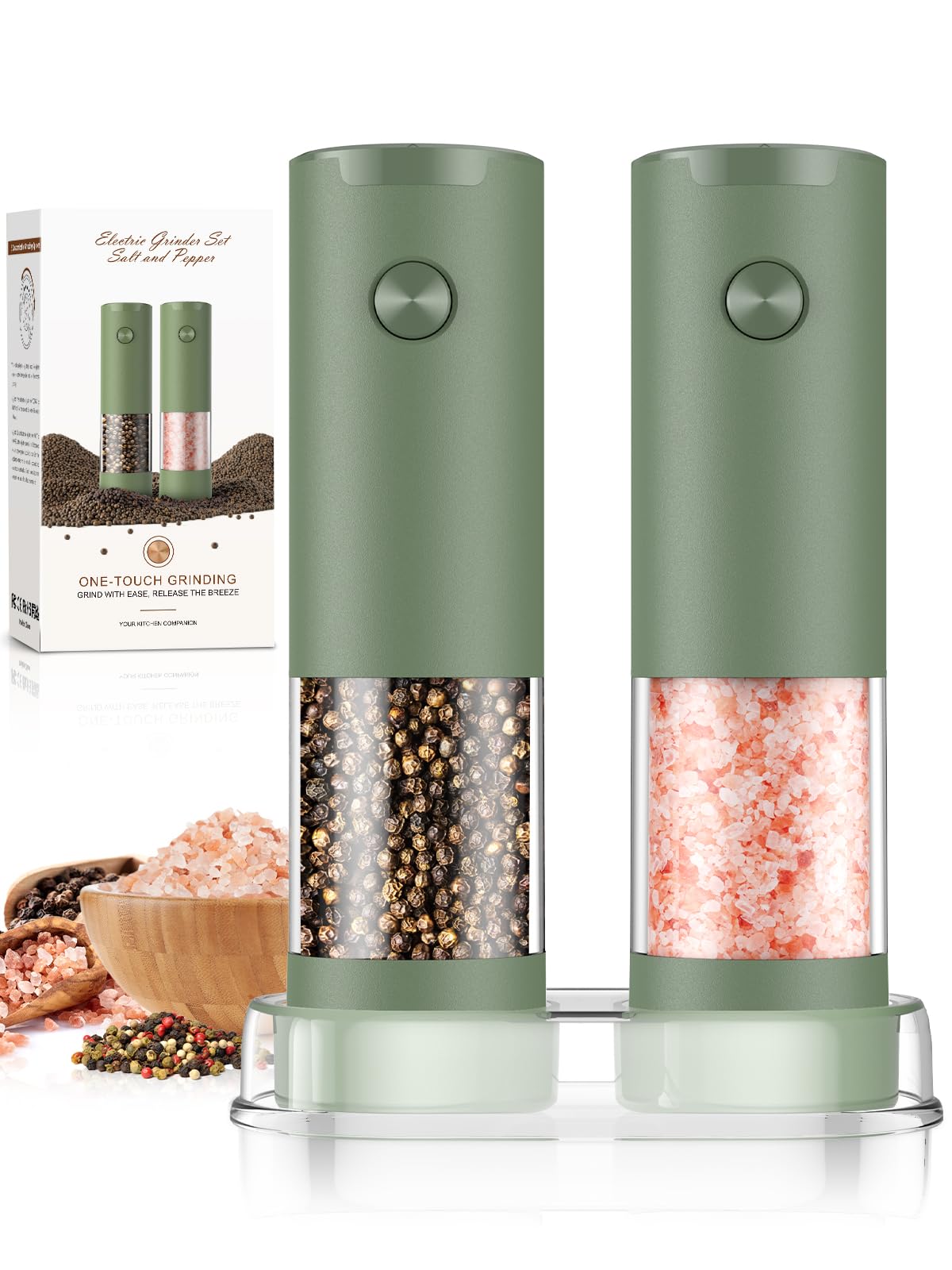 Salt and Pepper Grinder Set Mom Gifts, Electric Automatic Green Salt Pepper Shakers Home Kitchen Gadgets for New Home, Adjustable Coarseness Pepper Grinder Kitchen Appliances