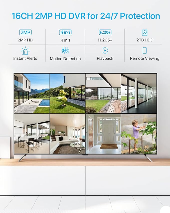 ZOSI Full 1080p 16 Channel Home Security Camera System with AI Human Vehicle Detect, 8 x 1080p Weatherproof CCTV Bullet Dome Camera Outdoor, H.265+ 16CH DVR with 2TB HDD, Night Vision, Alert Push