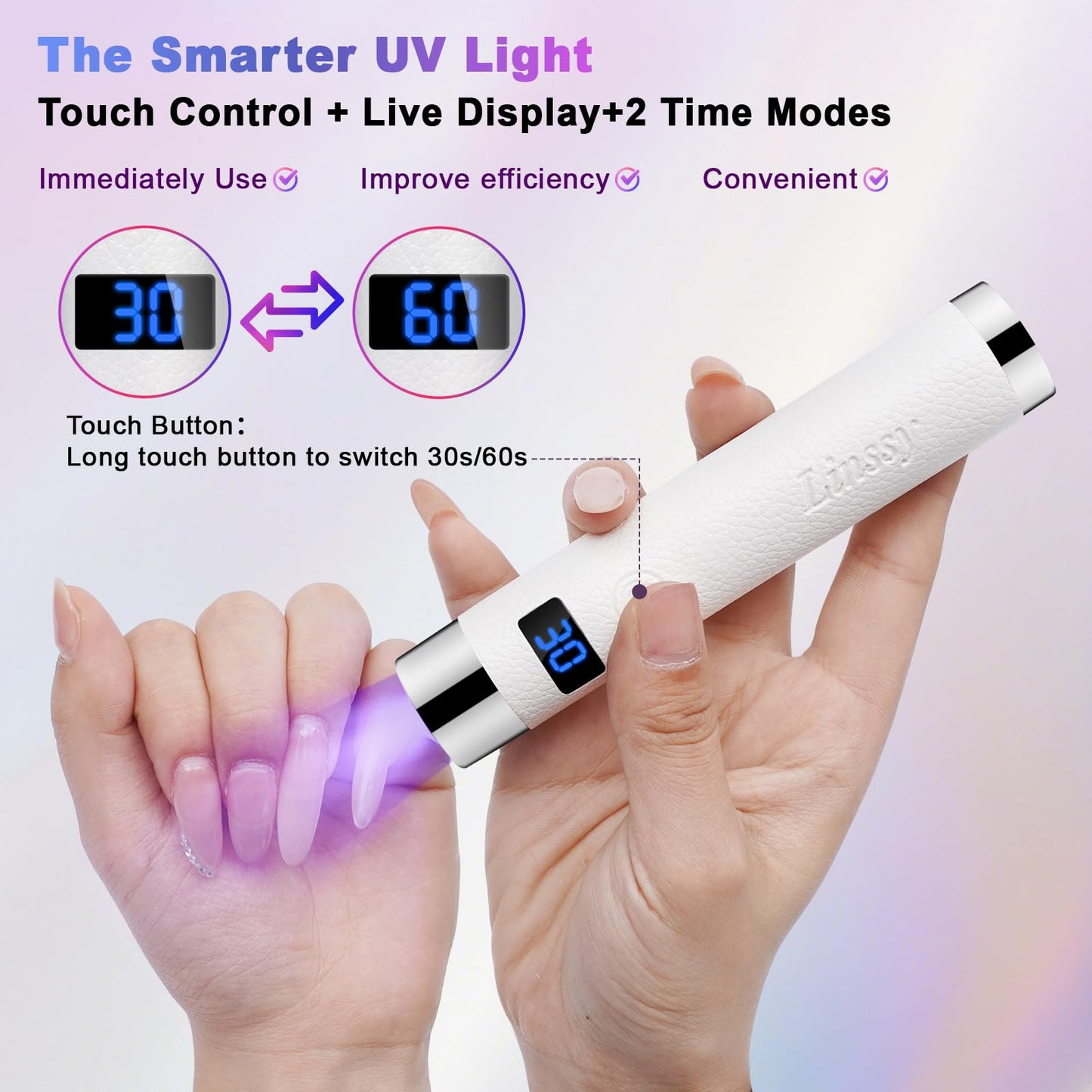 Linssy Mini UV Light for Nails with Auto Sensor & Gooseneck Stand,Portable Cordless Nail Lamp Flash Cure Lamp with LCD Display,Handheld UV Light for Gel Nails at Salon & Home Use (White)