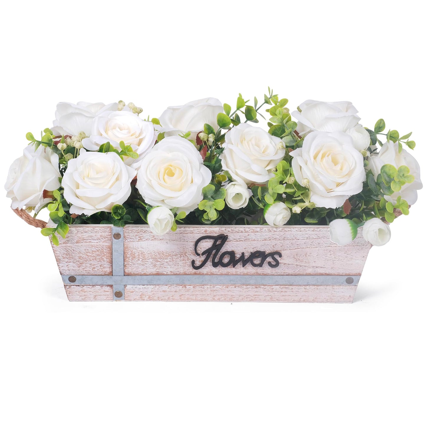 Centerpiece Table Decorations Rustic Wood Tray with 3 Artificial White Rose Flowers and Fake Eucalyptus for Dining Room Farmhouse Living Room Kitchen and Coffee Table Décor