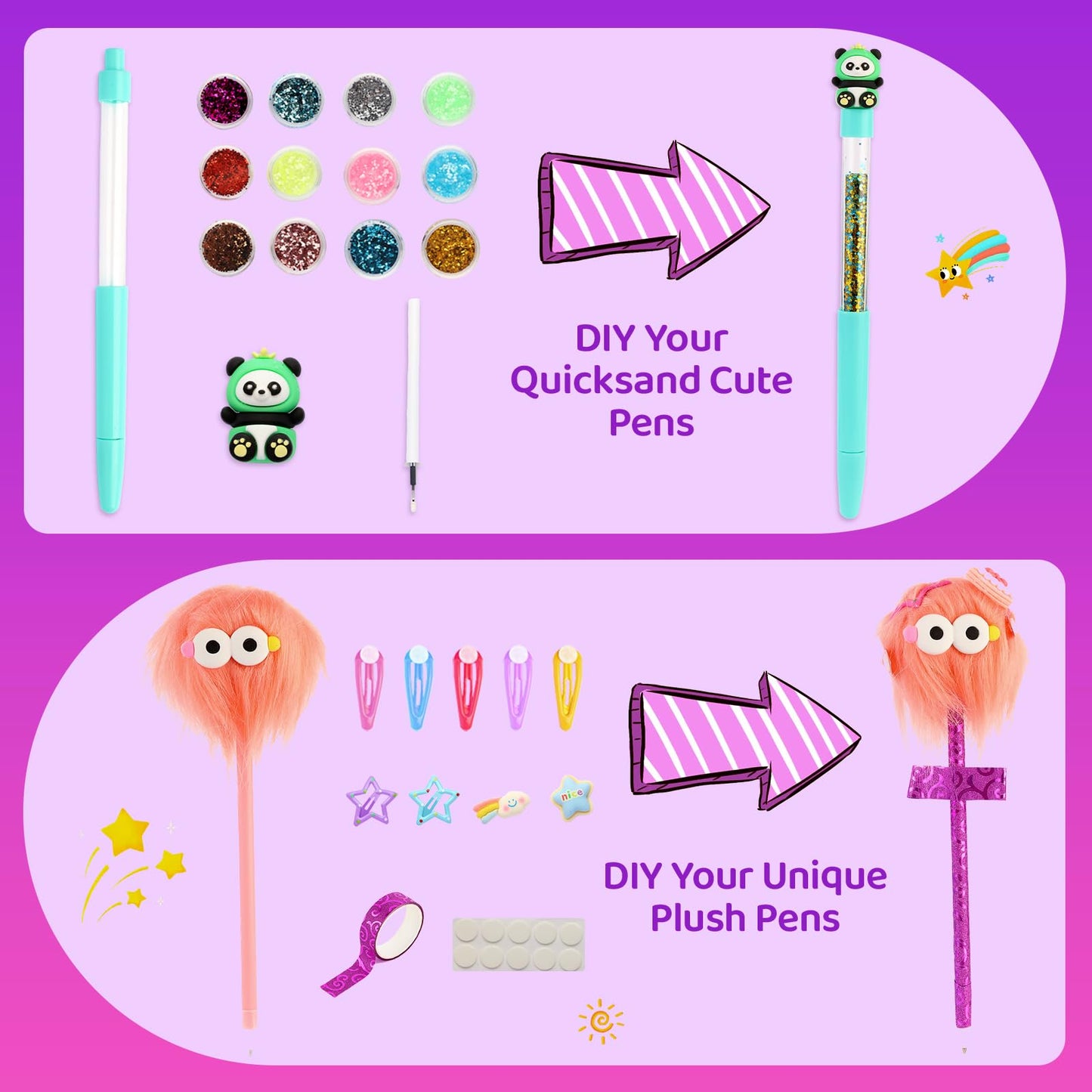 Ulema 65Pcs Cute DIY Pen Making Kit Fun Craft for Tweens, Girls & Kids, Create 12 Plush and Floating Pens, Mess-Free Creative Activity Great Gift for Artistic Kids.