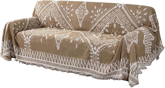 H.VERSAILTEX Reversible Sofa Cover Couch Cover for Dog Sofa Slipcover for Most Shape Sofa Furniture Protector with Tassels Sectional Couch Cover (XX-Large: 91" x 134", Sand/White)