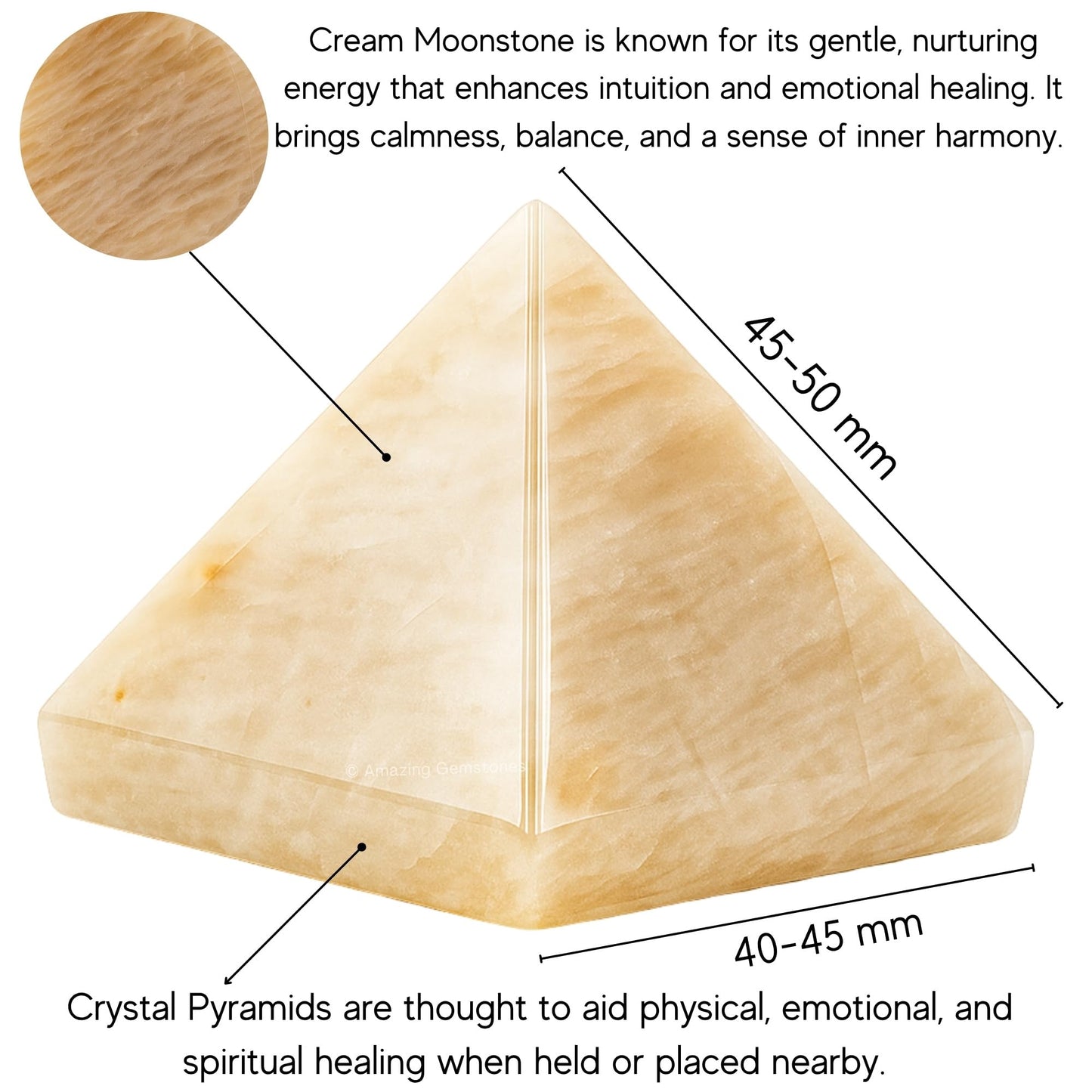 Amazing Gemstone Cream Moonstone Pyramid Crystal Healing Stones - 2" Great Pyramid Figurine of Natural Stone Pyramid for Meditation, Reiki, Chakra Balancing and Crystal Pyramids Grid