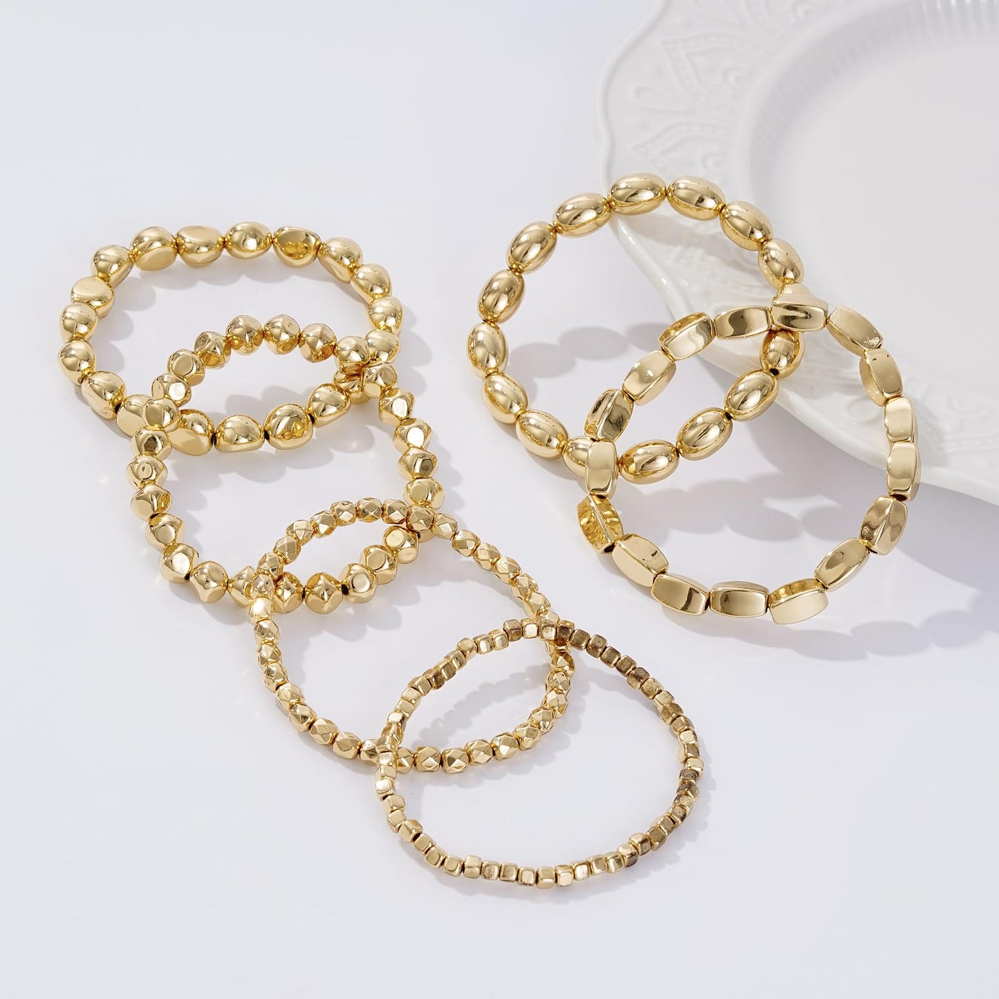 Sajidos Gold Plated Beaded Bracelets for Women Trendy, 14K Gold Plated Stack Cross Pearl Bead Stretch Bracelets Set Elastic Hypoallergenic Bracelets Jewelry Gifts (style4)
