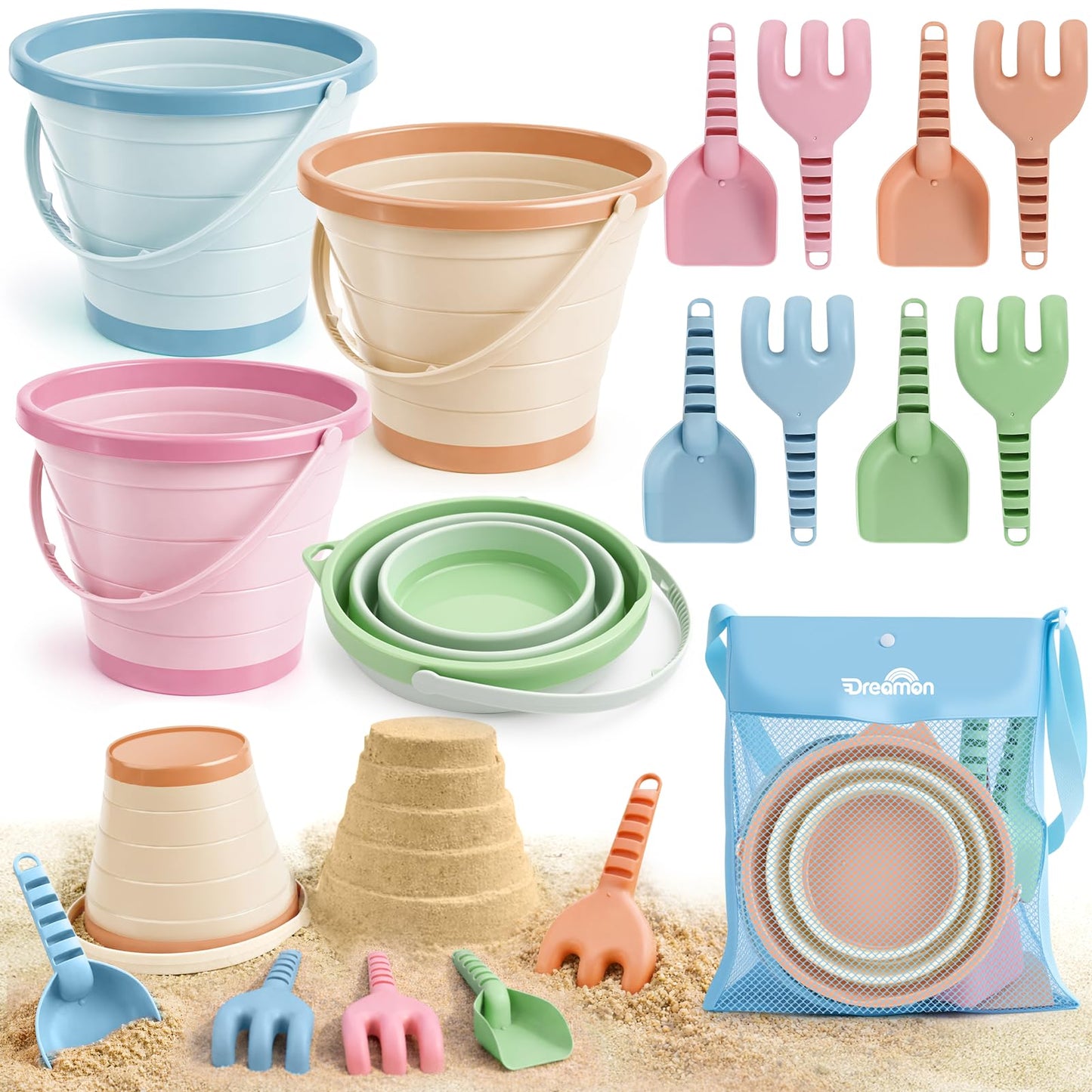 Dreamon Beach Toys, 4 Pack Collapsible Sand Buckets for Kids, Shovels & Rakes Set with Mesh Bag, Kids Beach Essentials Sandcastle Building Kit for Beach Trip Outdoor Play and Summer Fun