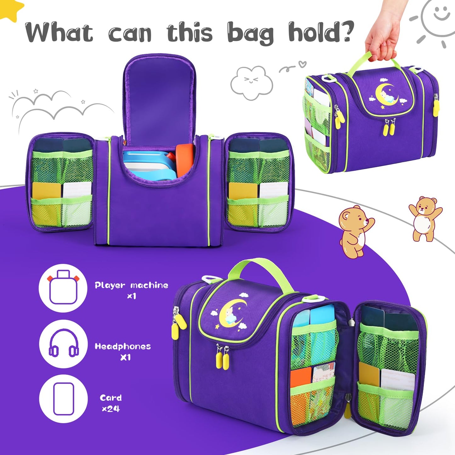 Carrying Case Compatible with Yoto player, Cards Storage Bag with Handle and Shoulder Strap, Travel Storage box for Audio Music Player & Headphone Accessories (Purple)