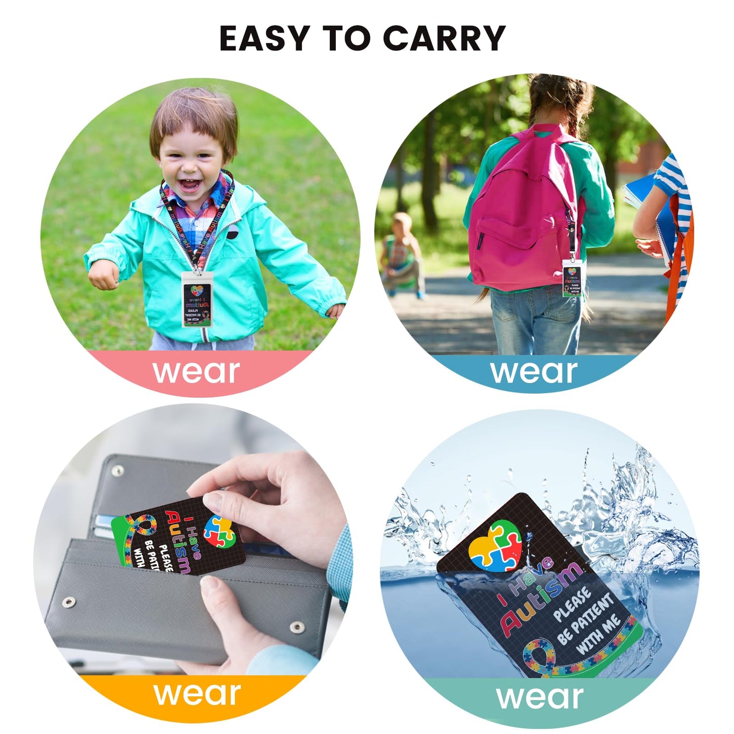 2 Set Autism Alert Card, ADHD Awareness Autistic Emergency Contact Card with Autism Lanyards Waterproof Card Holder Pocket Insert PVC