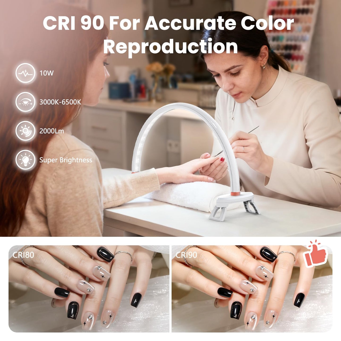 Yokilly Arc Half Moon Light: 16" Half Moon Light with Foldable Bracket for Desk Salon Table Use - No Flicker & Shadow-Free Desk Lamp with Stepless Brightness 3000-6500K for Manicurist Nail Tech