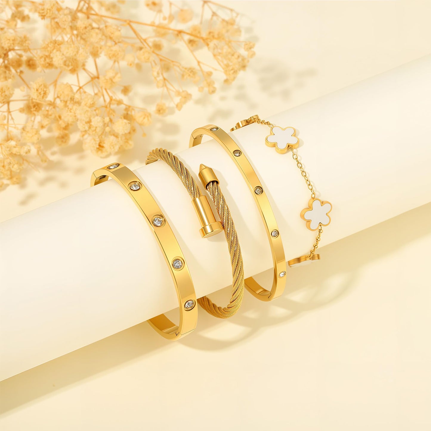 ISELBDR 18K Gold Bracelets for Women - Stackable Clover & Nail Love Bangle Set - Non-Tarnish Stainless Steel Jewelry for Valentine's, Mother's Day & Christmas (White)