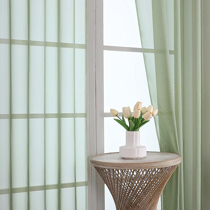 OVZME Sage Green Sheer Curtains 63 Inches Long 2 Panels Set, Light Filtering Sheer Curtains for Living Room Bedroom 59 Inch Extra Wide, Modern Voile Filmy Rod Pocket Window Drapes, 59Wx63L Inches