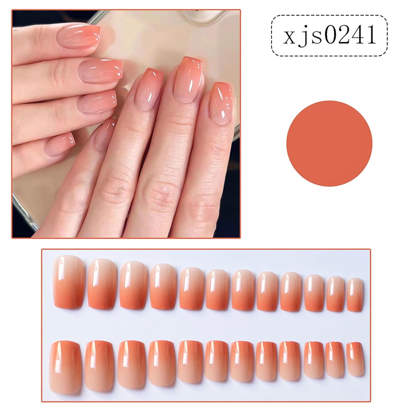 24Pcs Square Press on Nails Medium RTKHFZE Fake Nails Orange Color Gradient Full Cover Acrylic Nails Glossy Artificial Medium False Nails for Women Manicure