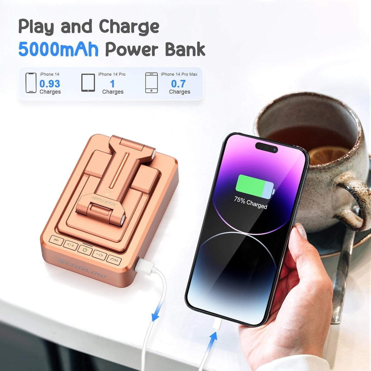 TechGlow Gifts for Men Women Foldable Cellphone Stand with Bluetooth Speaker and Power Bank Birthday Gift Idea for Mom Dad Cool Gadget Tech Gifts-Rose Gold