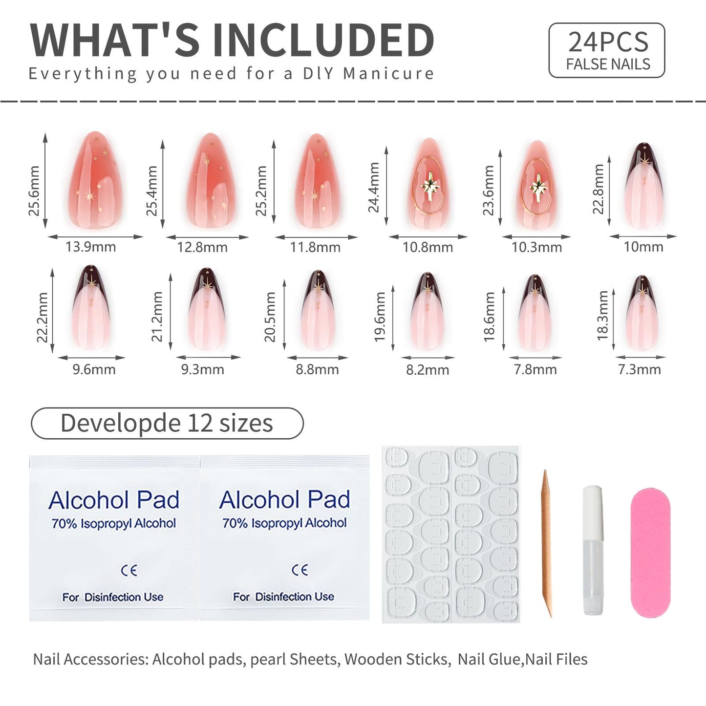 Mivota Medium Press On Nails Almond– 3D Gold Star Accent Brown French Tips, 24Pcs Reusable Acrylic Fake Nails, Glossy Stick On Nails with Designer Details, DIY Manicure Kit with Glue & Tools for Women