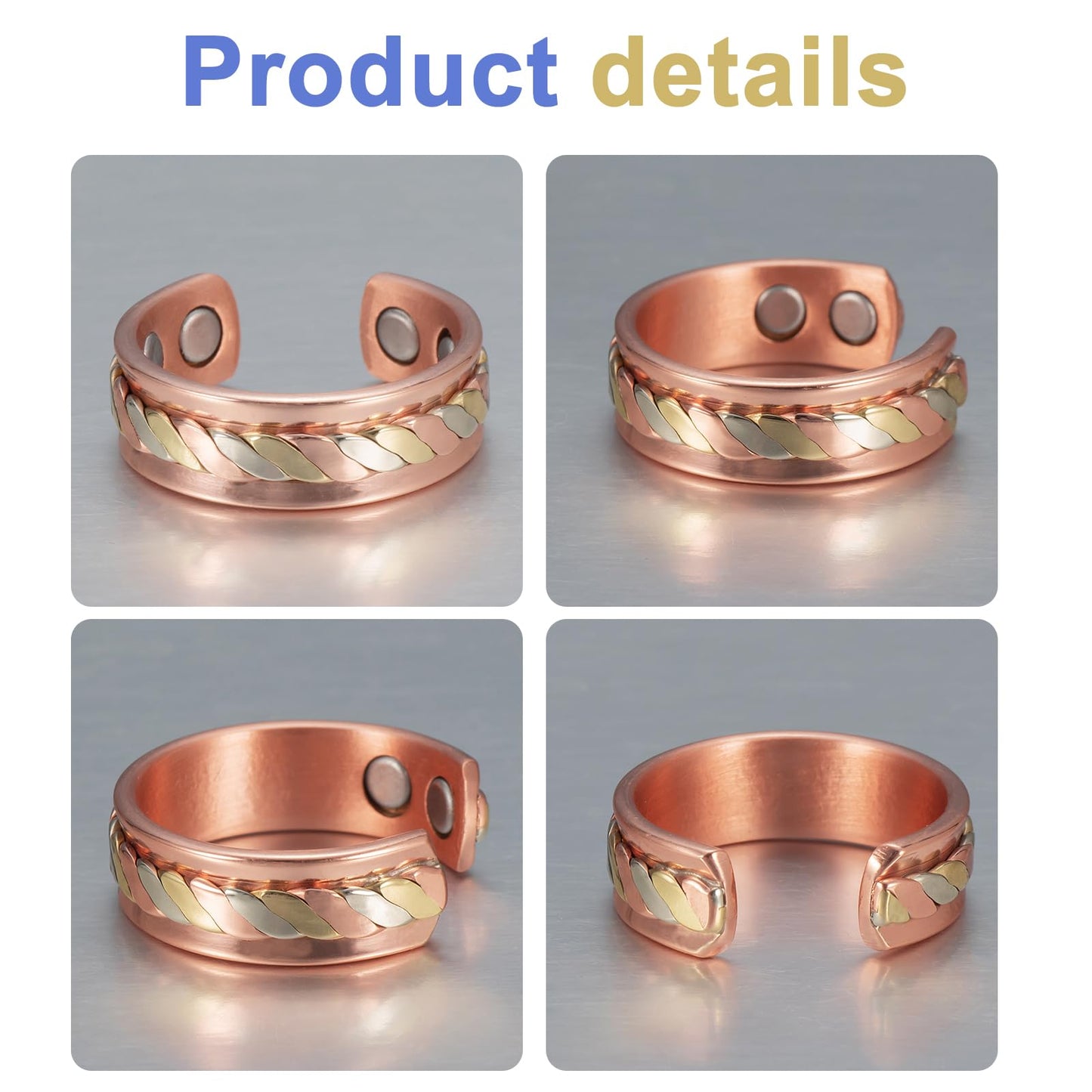 MagVIVACE Copper Rings for Men Women Magnetic Ring, Tricolor Gold 99.9% Solid Copper Couples Megnetfield Ring with Magnet (2.6 inch)