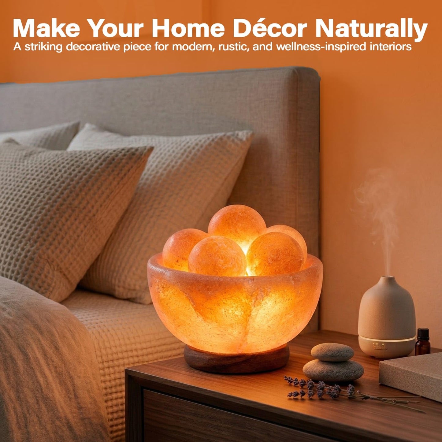 Himalayan Salt Lamp Fire Bowl with 5 Massage Balls, Relaxing Ambient Glow Night Light with on/Off Switch