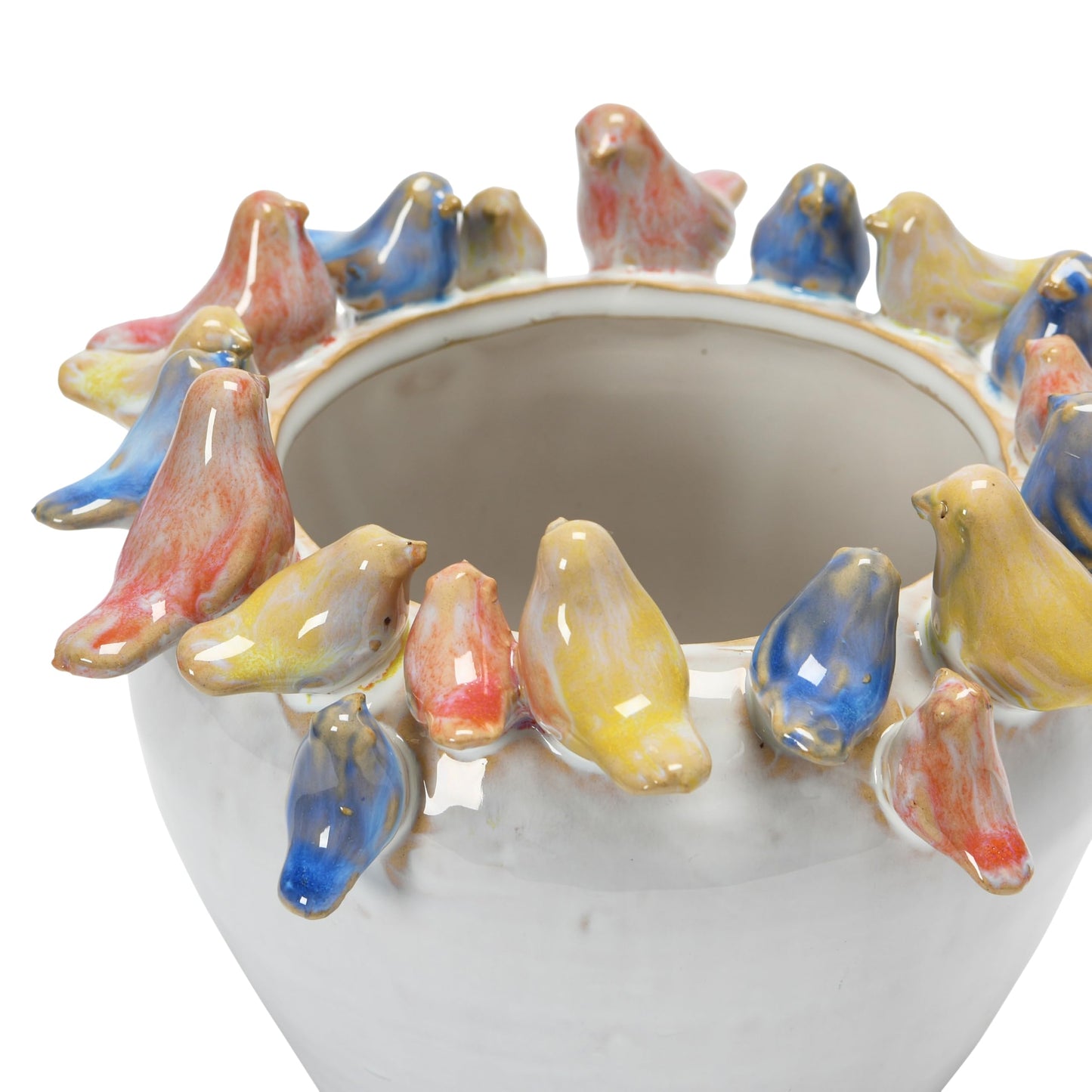 Creative Co-Op Stoneware Planter with Birds on Rim, Reactive Glaze
